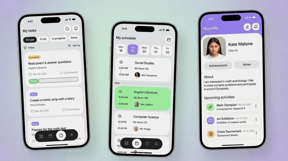 Social wellbeing app shown across three phone screens