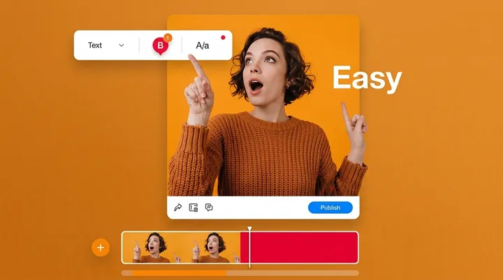 Video editor concept with a preview, text tools and a timeline.