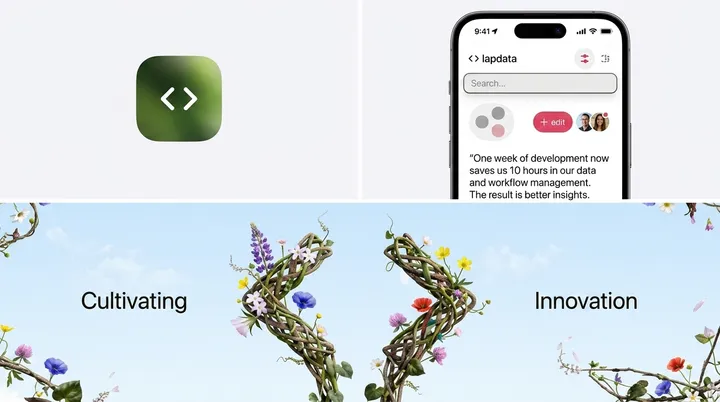 Lapdata identity study, a mobile data workspace and a botanical code motif.